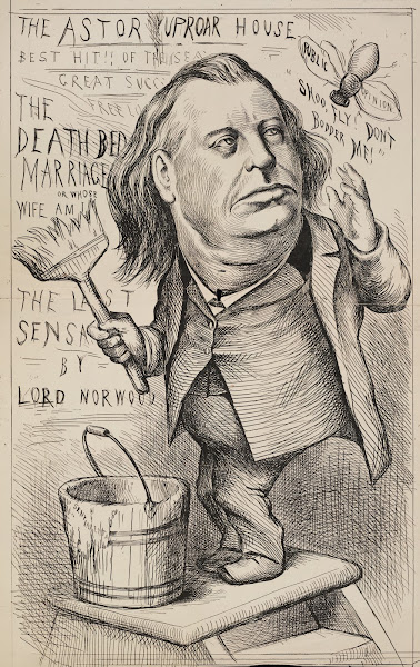 A man Astor puts up fliers for his Uproar House shooing away a fly representing