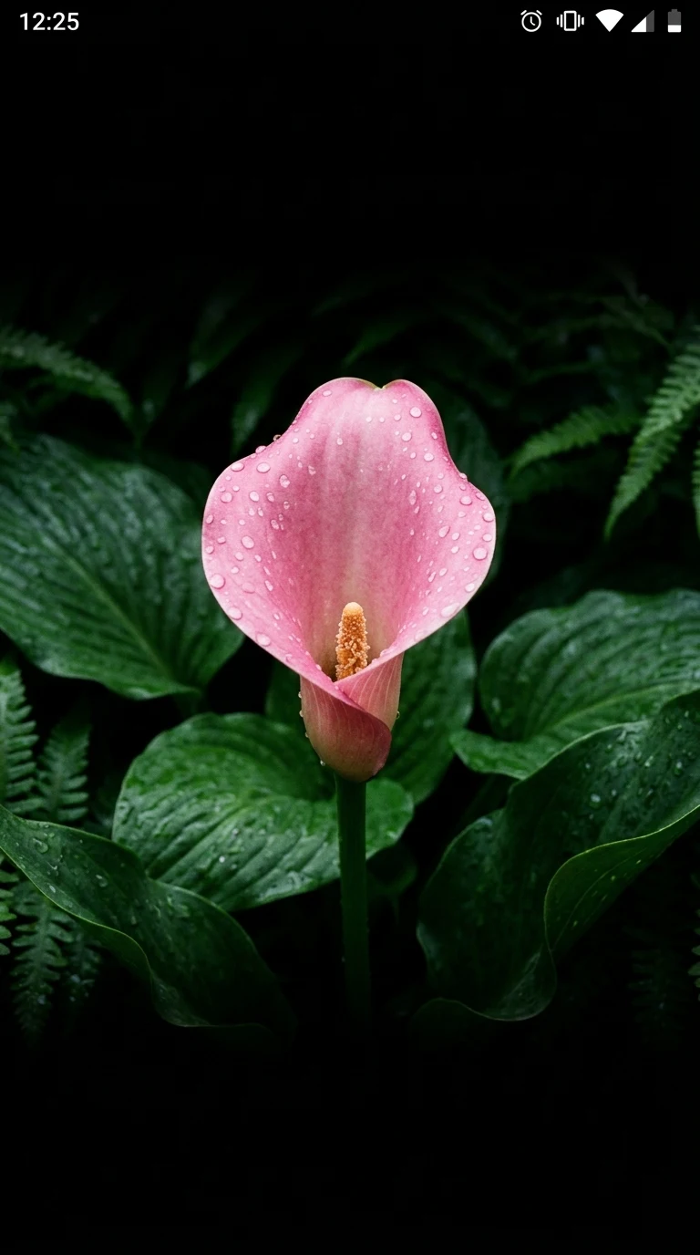 Vibrant Pink Calla Lily with Dewdrops in Moody Forest Greens - Free 8K and 4K mobile Wallpaper Background