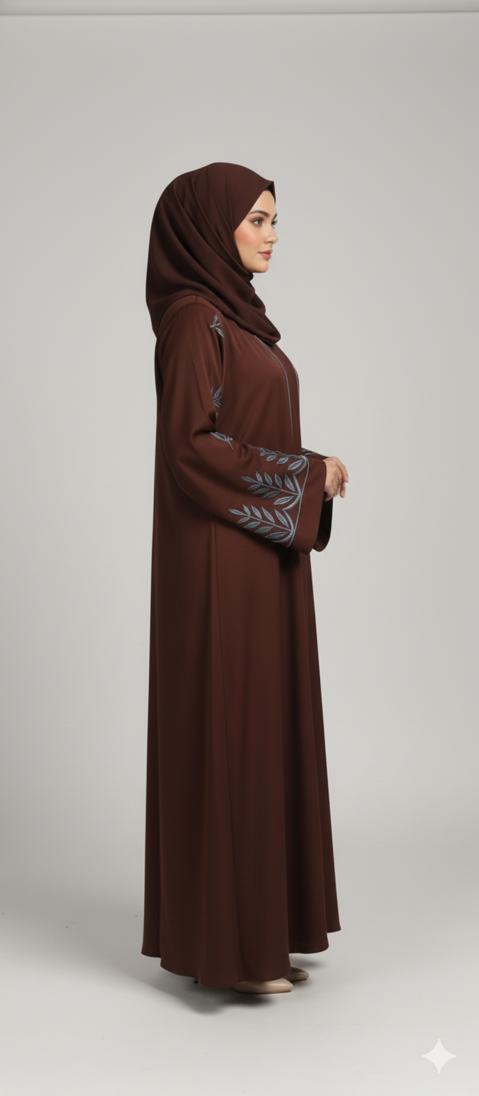 Elegant Embroidered Sleeve Abaya - Open Front Cardigan Style with Leaf Detailing