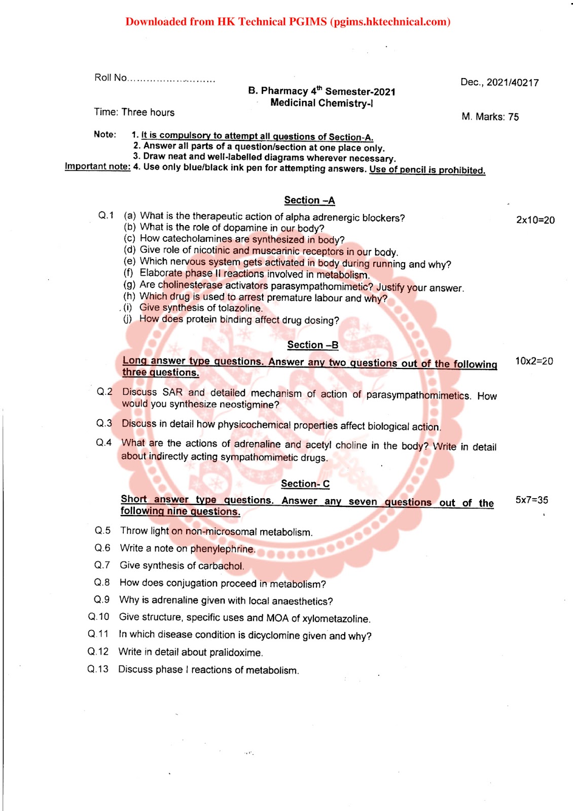 BP402T Medicinal Chemistry UHSR 4th Semester B.Pharmacy Previous Year's Question Paper,BP402T Medicinal Chemistry I,BPharmacy,Previous Year's Question Papers,PGIMS Question Paper,BPharm 4th Semester,SDPGIPS UHS Rohtak,University of Health Sciences Rohtak (UHSR),