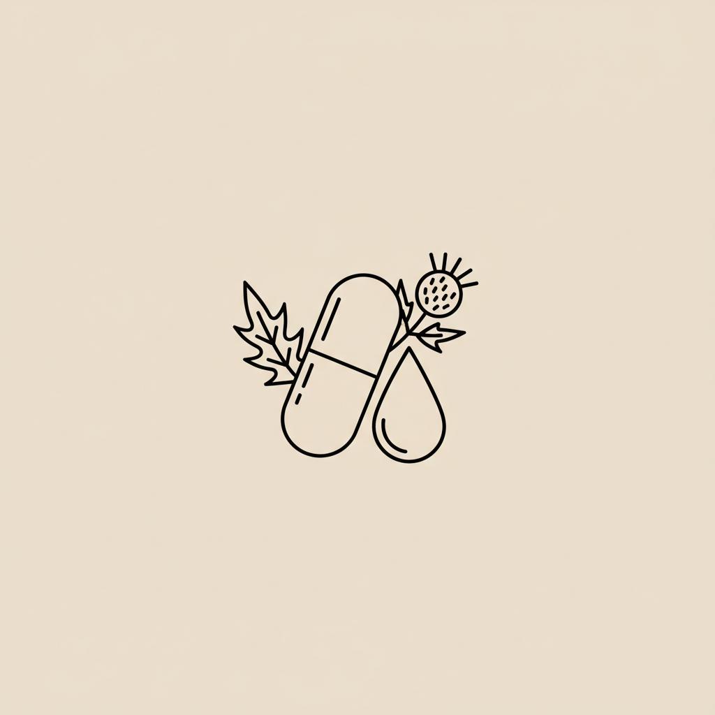 Can I lose 20 pounds in 1 month on keto? Minimal Tonum-style vector line illustration of a capsule, water droplet, and milk thistle on beige #F2E5D5.