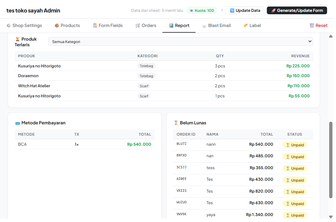 Dashboard Export CSV