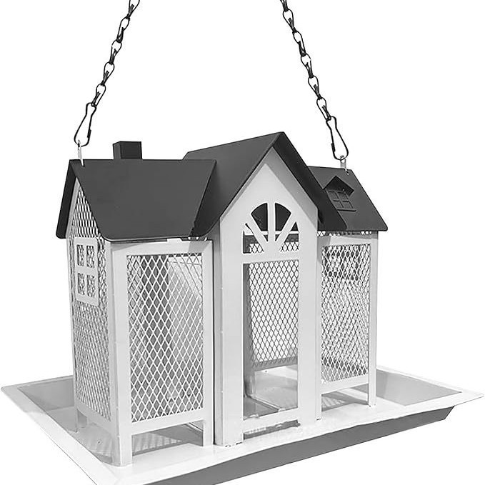 Hanging bird feeder in house shape with chain