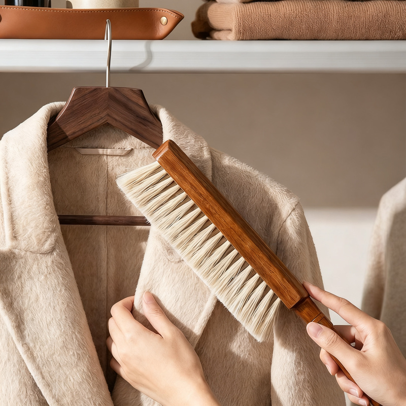 Bed brush with horse hair and long handle