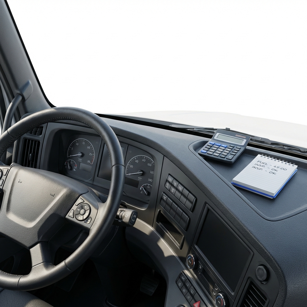 Close up truck dashboard with steering wheel calculator and notepad suggesting budgeting and inspection used truck for sale near me