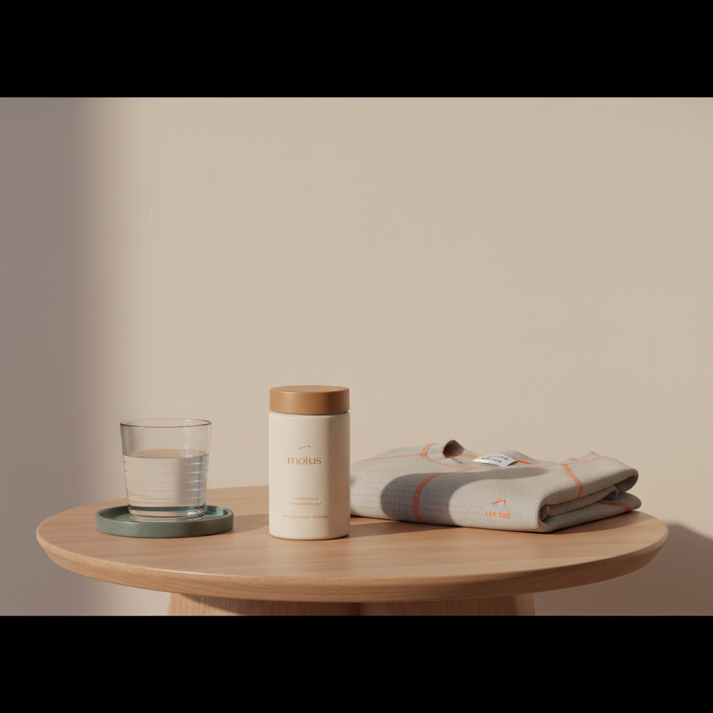 Motus supplement bottle on a bedside table with glass of water and folded workout shirt in a minimalist morning routine scene, OTC appetite suppressants
