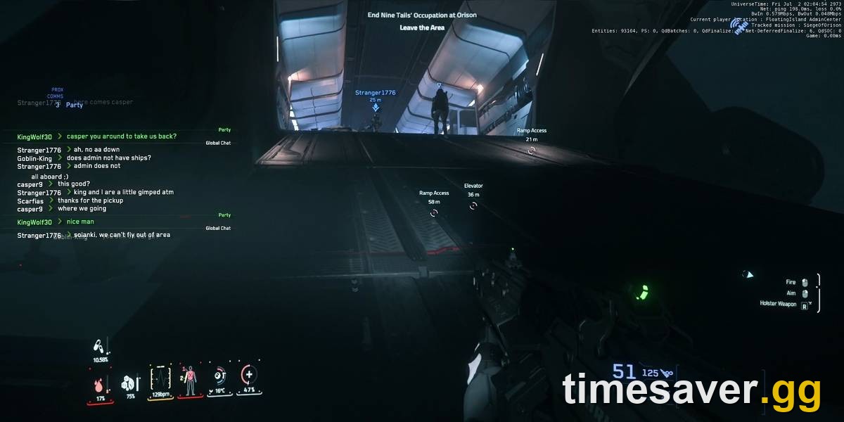 Siege of Orison FPS gameplay in Alpha 4.10 — tracked mission SiegeOfOrison, ending the Nine Tails occupation on an Orison platform