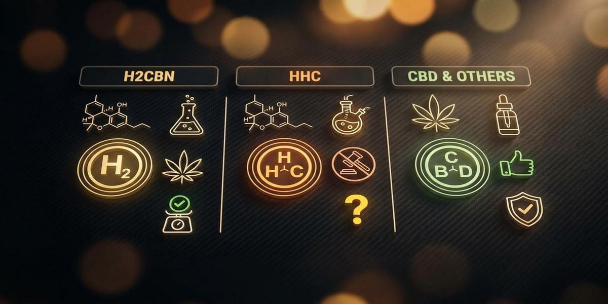 Tabella comparativa illustrata tra H2CBN, HHC, CBD e altri cannabinoidi, icone e simboli per differenze chimiche e legali.