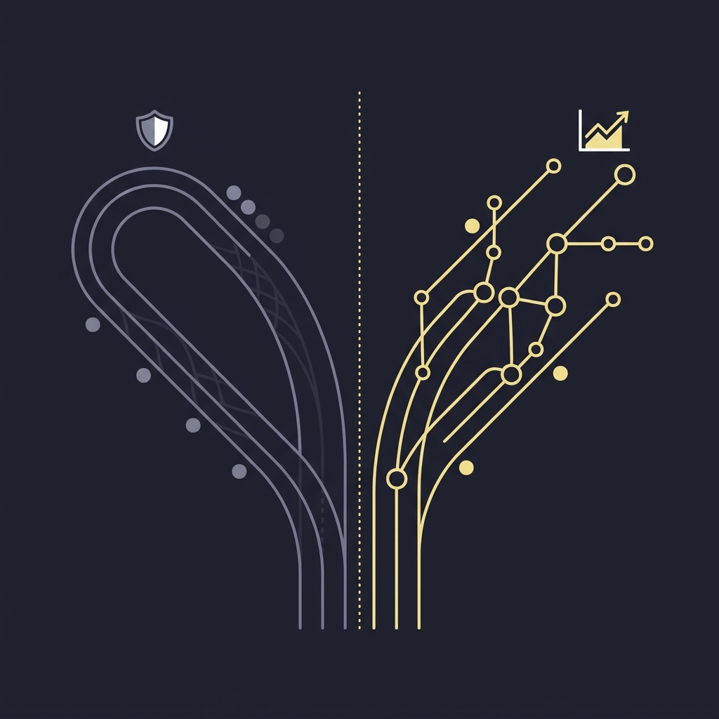 Minimal 2D vector illustration of two pathways one shield representing regulated racing and one open market chart representing trading risk designed for betanysports sportsbook