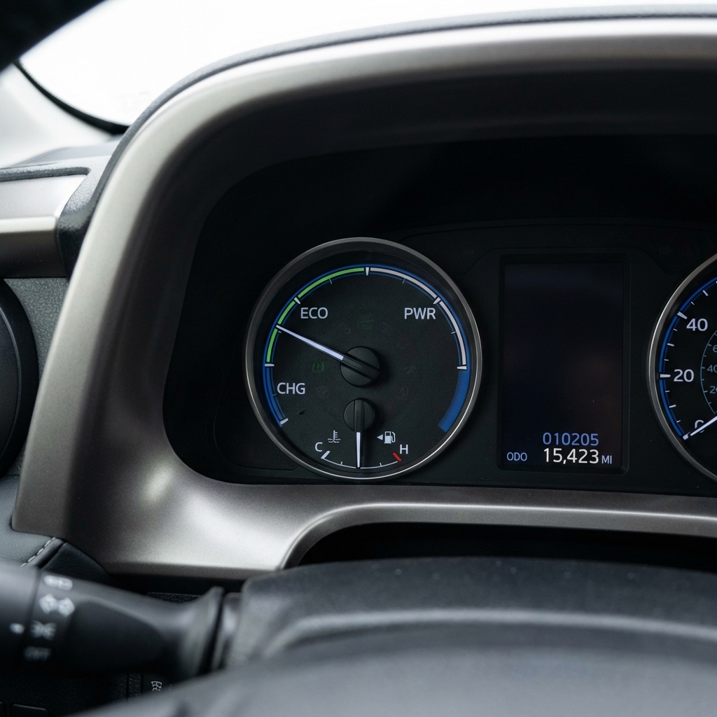 Close up of Toyota RAV4 Hybrid dashboard showing hybrid powertrain indicator and odometer in natural light clean CarFax Deals style for toyota rav 4 hybrid for sale