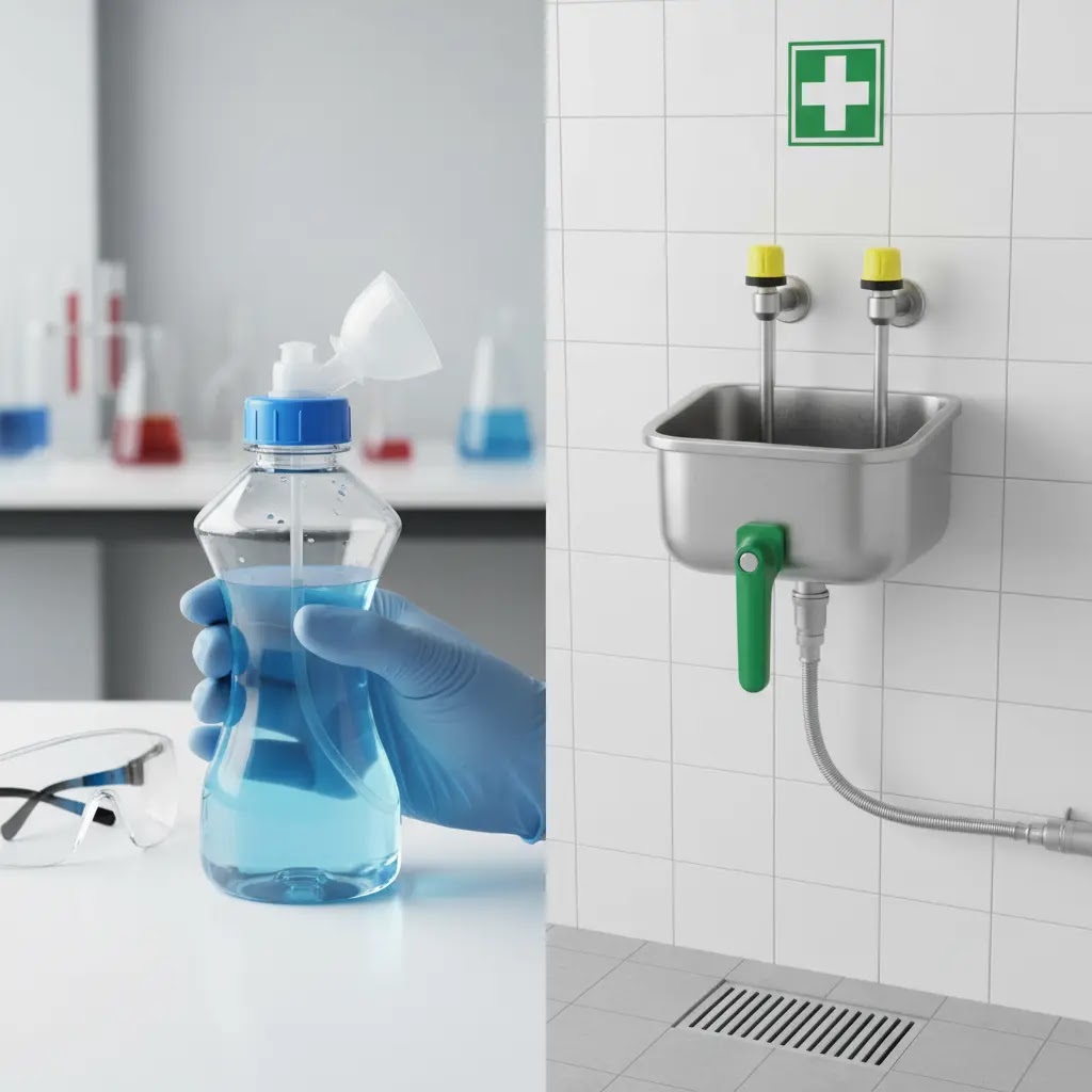 Eye wash botol vs eye wash station permanen untuk laboratorium