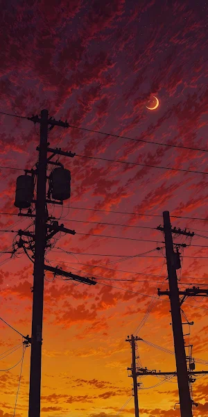 Sunset, Sky, Moon, Powerlines Full HD iPhone Wallpaper Background