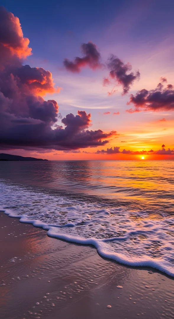 Fiery Sunset Over Ocean Shoreline with Foaming Waves