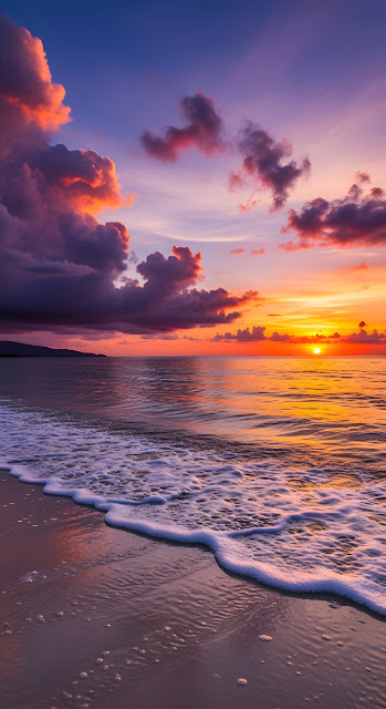 Fiery Sunset Over Ocean Shoreline with Foaming Waves - Free mobile Wallpaper