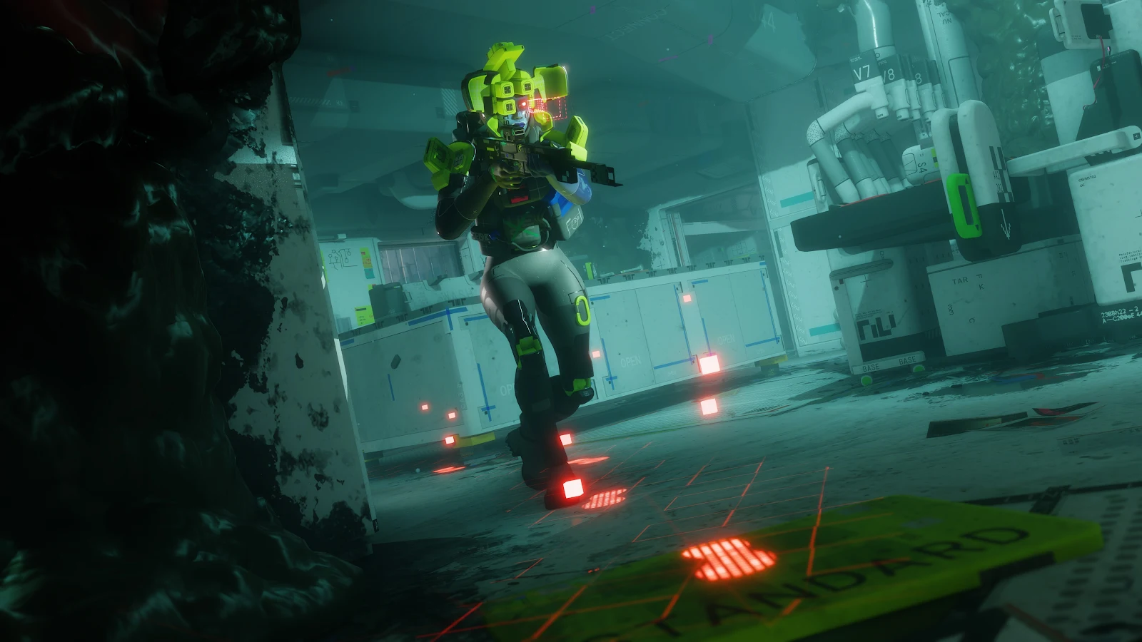 Neon Cyberpunk Soldier In Base - Digital 3D Render 4K Wallpaper (3840x2160)