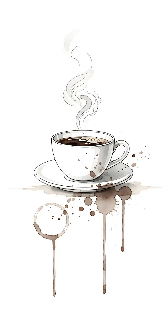 Watercolor Coffee Cup Sketch with Brown Splatter Art