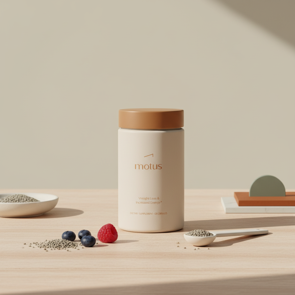 Motus supplement bottle on a light wooden table with milk thistle seeds, berries and a white measuring spoon — best tablet to speed up metabolism