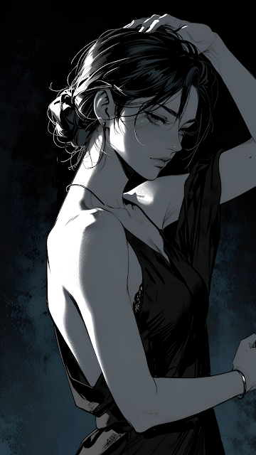 Monochrome Woman in Black Dress with Dramatic Lighting - Free mobile Wallpaper