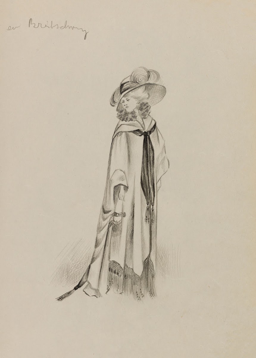 Figure de femme de trois quart portant un manteau sur robe longue et un grand ch