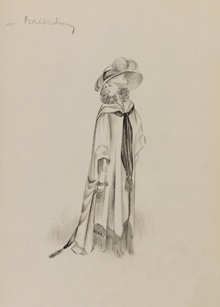 Figure de femme de trois quart portant un manteau sur robe longue et un grand ch