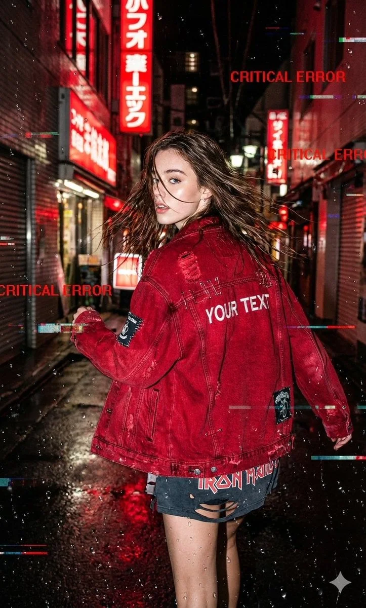 Una toma cruda y espontánea al estilo callejero que muestra a alguien corriendo por un callejón empapado por la lluvia en Neo-Tokio, echando un vistazo...