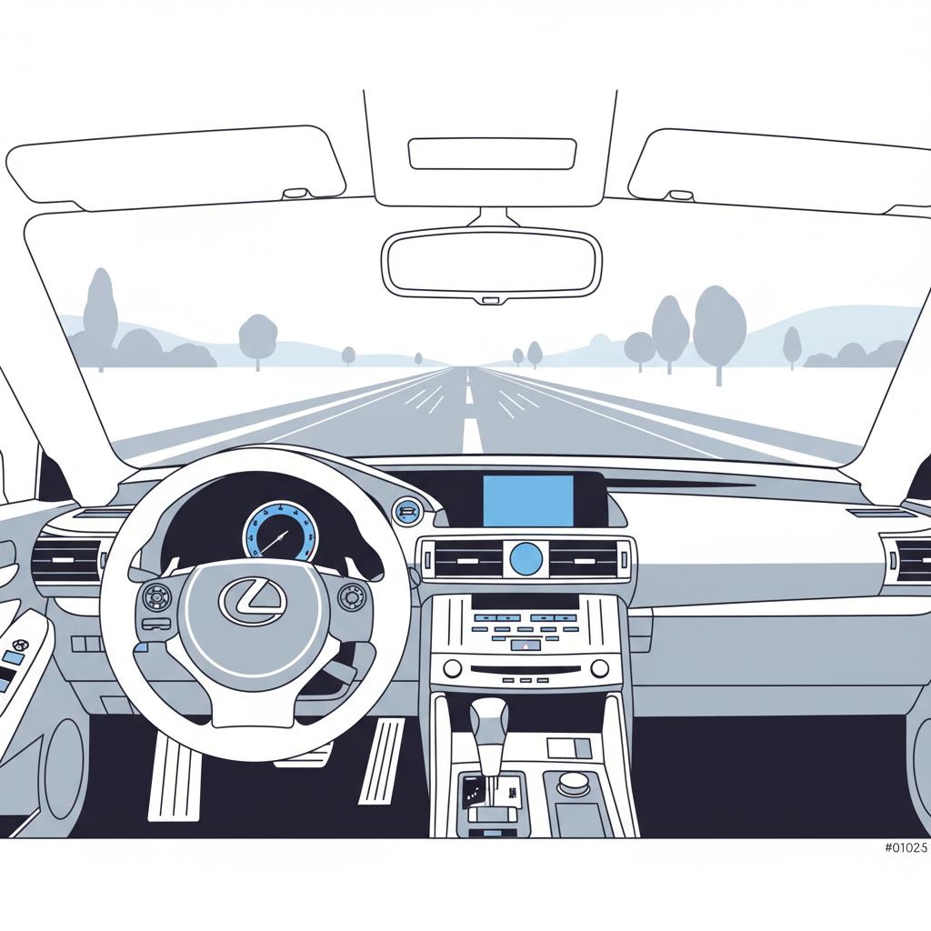Minimalist 2D vector driver view of a Lexus IS 350 front cabin and road ahead conveying sporty driving feel used lexus for sale