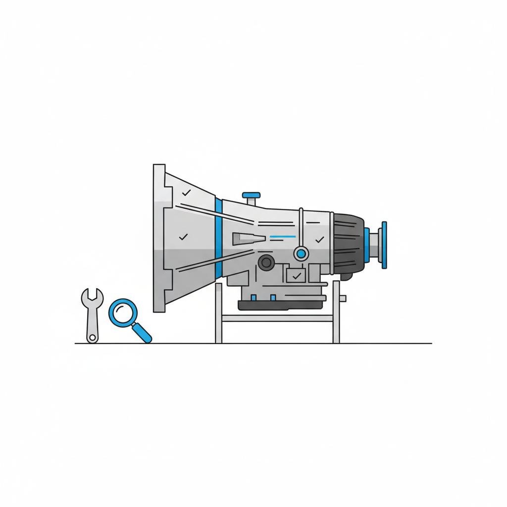 Minimalist 2D vector of a Yukon transmission on an inspection stand with blue accent tools and measurement ticks showing detailed inspection yukon gmc for sale