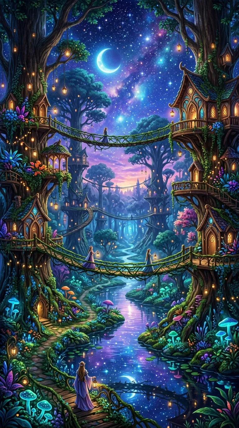 Enchanting Forest Kingdom with Treehouses Vine Bridges and River - Free 4K mobile Wallpaper
