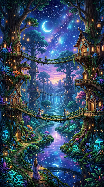 Enchanting Forest Kingdom with Treehouses Vine Bridges and River - Free mobile Wallpaper