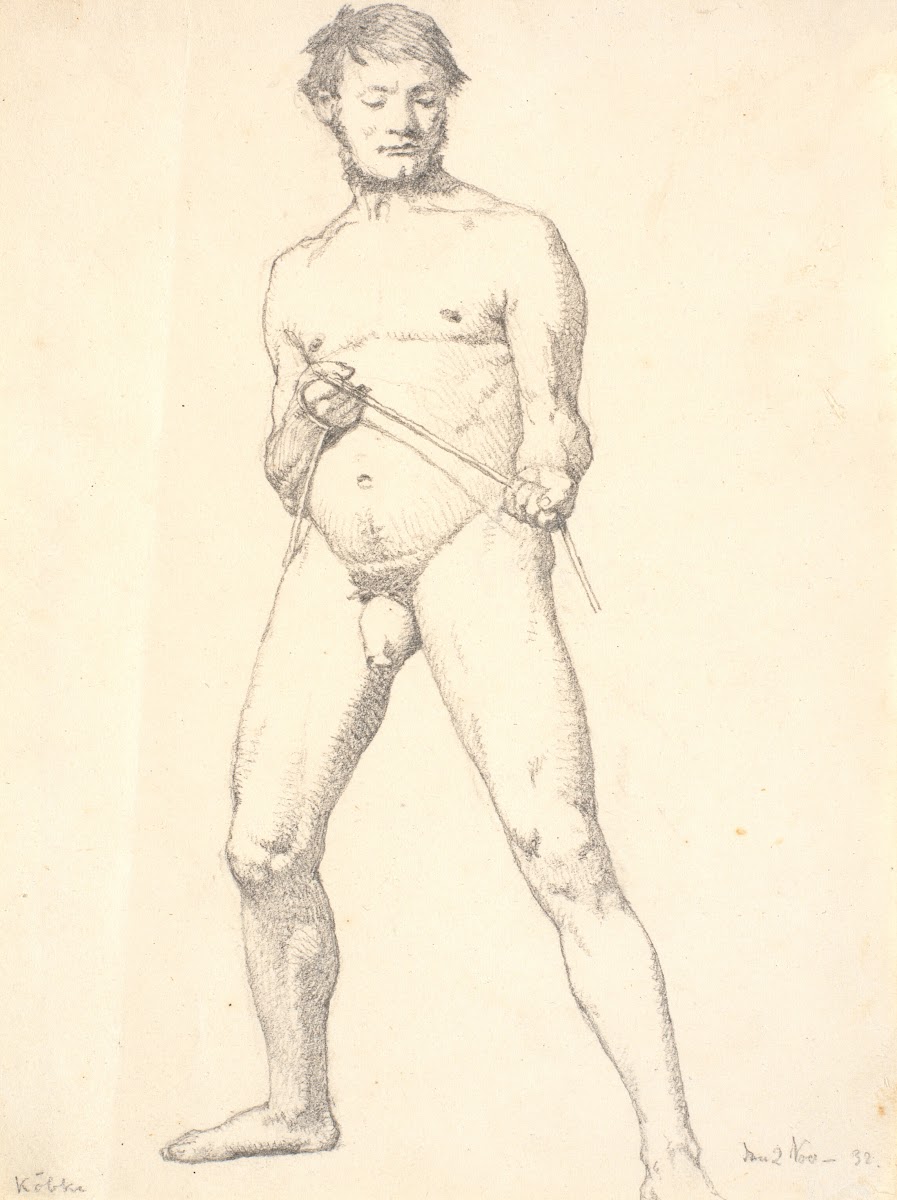 Stående mandlig akademimodel med et tov 1832