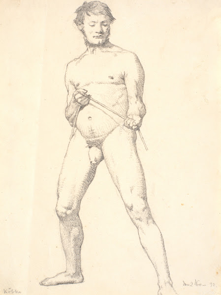 Stående mandlig akademimodel med et tov 1832