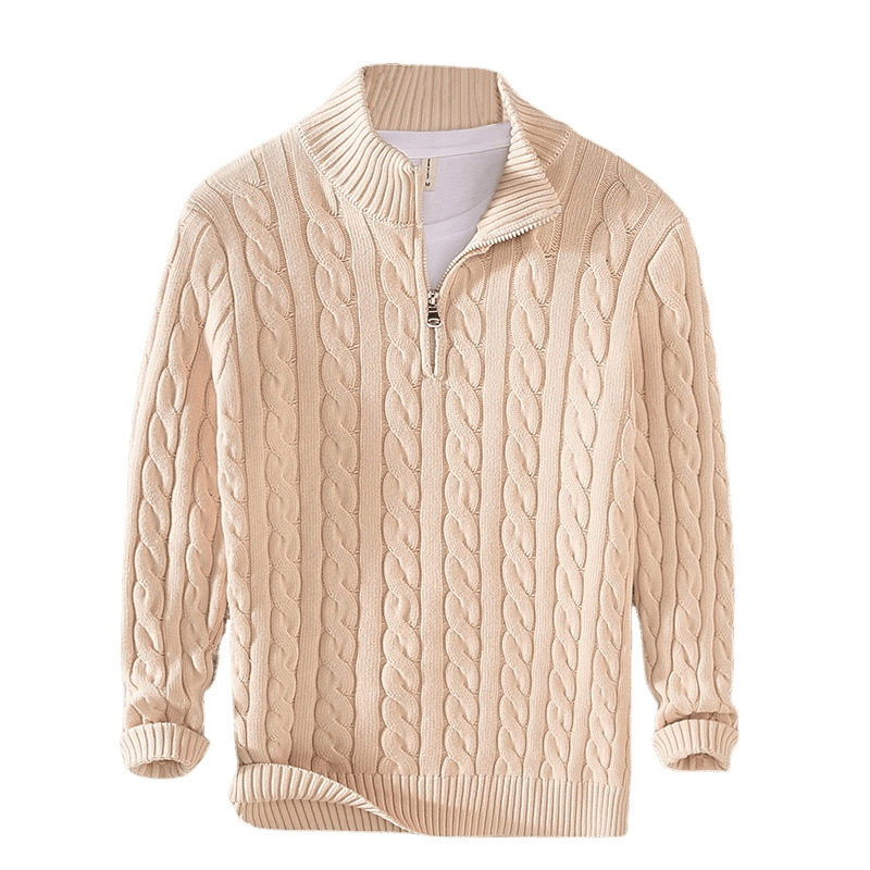 Men's Knitted Sweater with Zipper and Stand-Up Collar