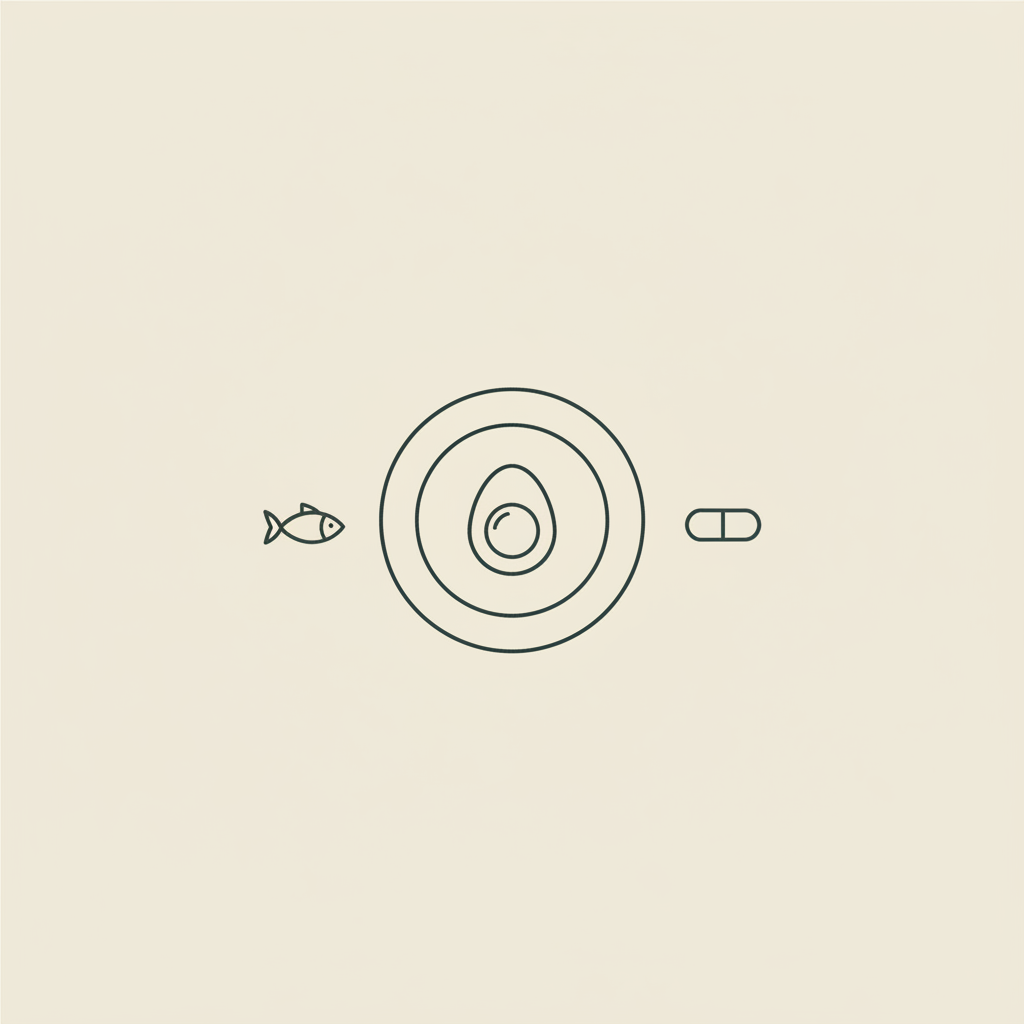 Minimal Tonum-style line illustration of a plate with an egg, a fish icon, and a small supplement capsule on a beige background for keto weight loss timeline