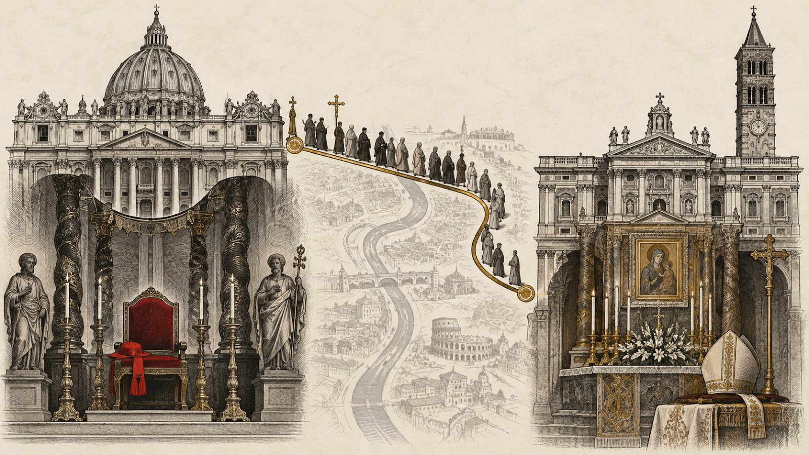Ilustração editorial da Peregrinatio 2026: a procissão deixa São Pedro e segue por Roma até Santa Maria Maior para a Missa pontifical.