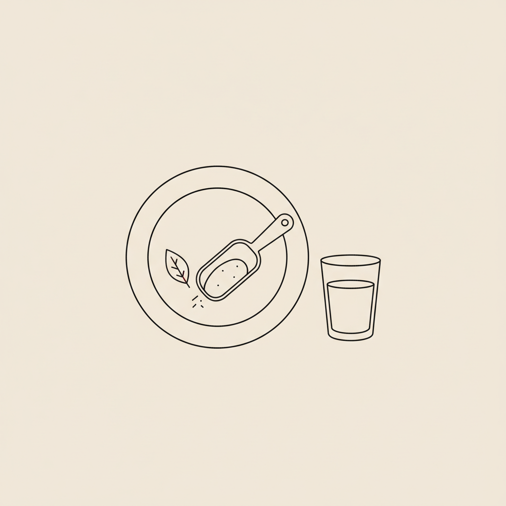 Minimal Tonum-style line illustration of a plate with a scoop of powder, small water glass and leaf — best protein powder for a calorie deficit