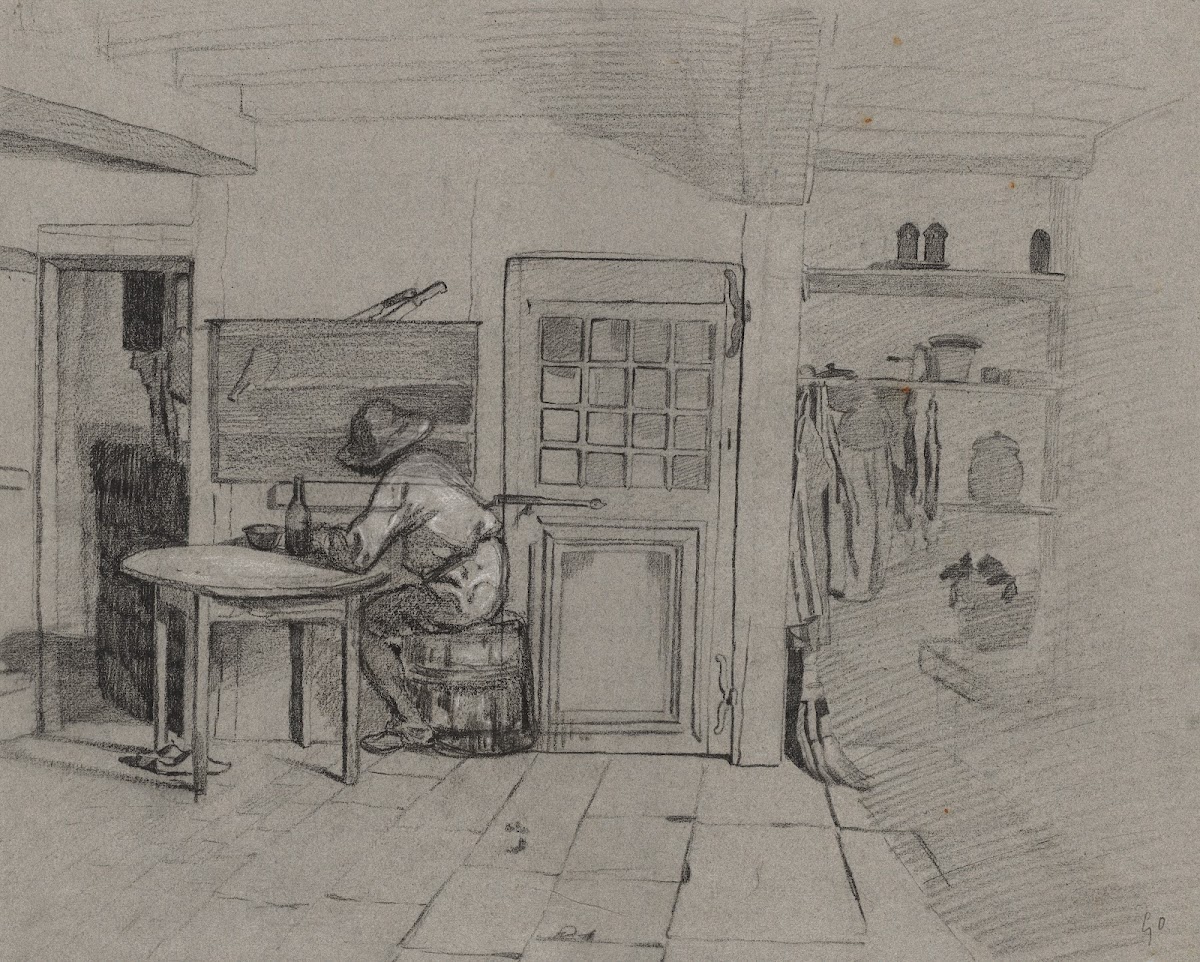 A Farmhouse Interior with a Boy at a Table c 1846