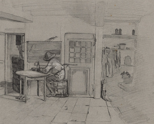A Farmhouse Interior with a Boy at a Table c 1846