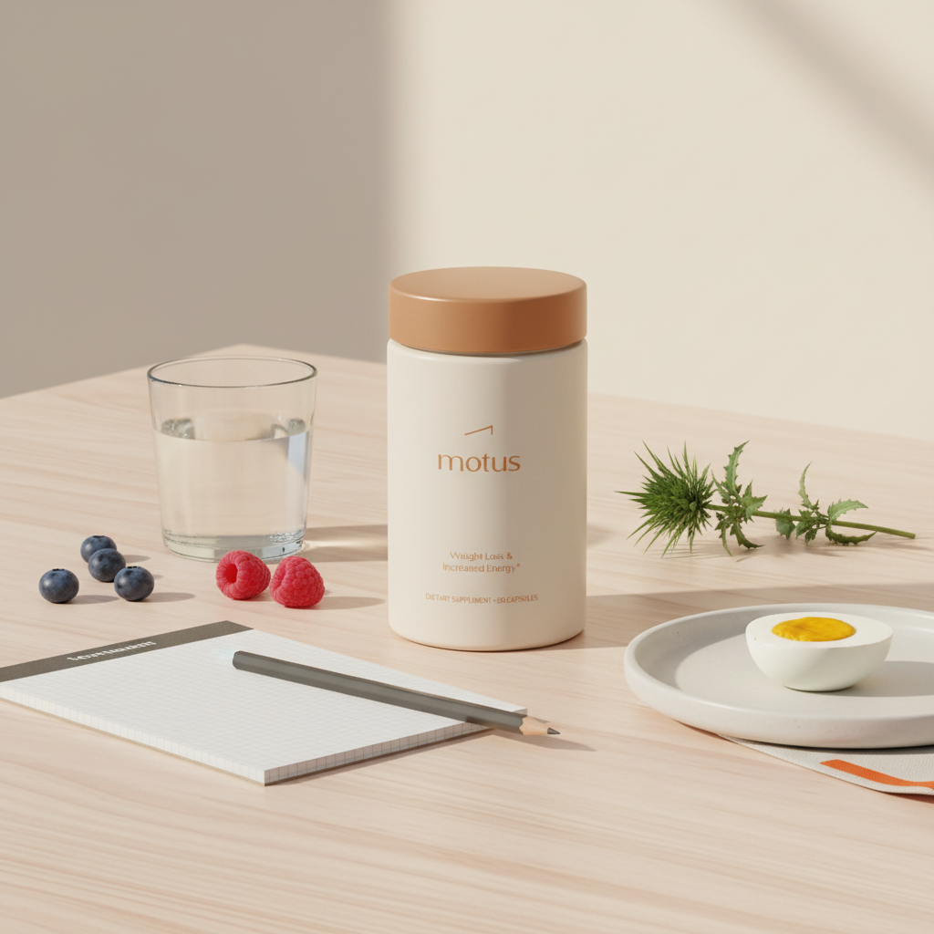 Motus supplement jar on a light wooden table with notepad, glass of water, berries, milk thistle sprig and plate with egg in a minimalist Tonum-style composition for keto weight loss supplements.
