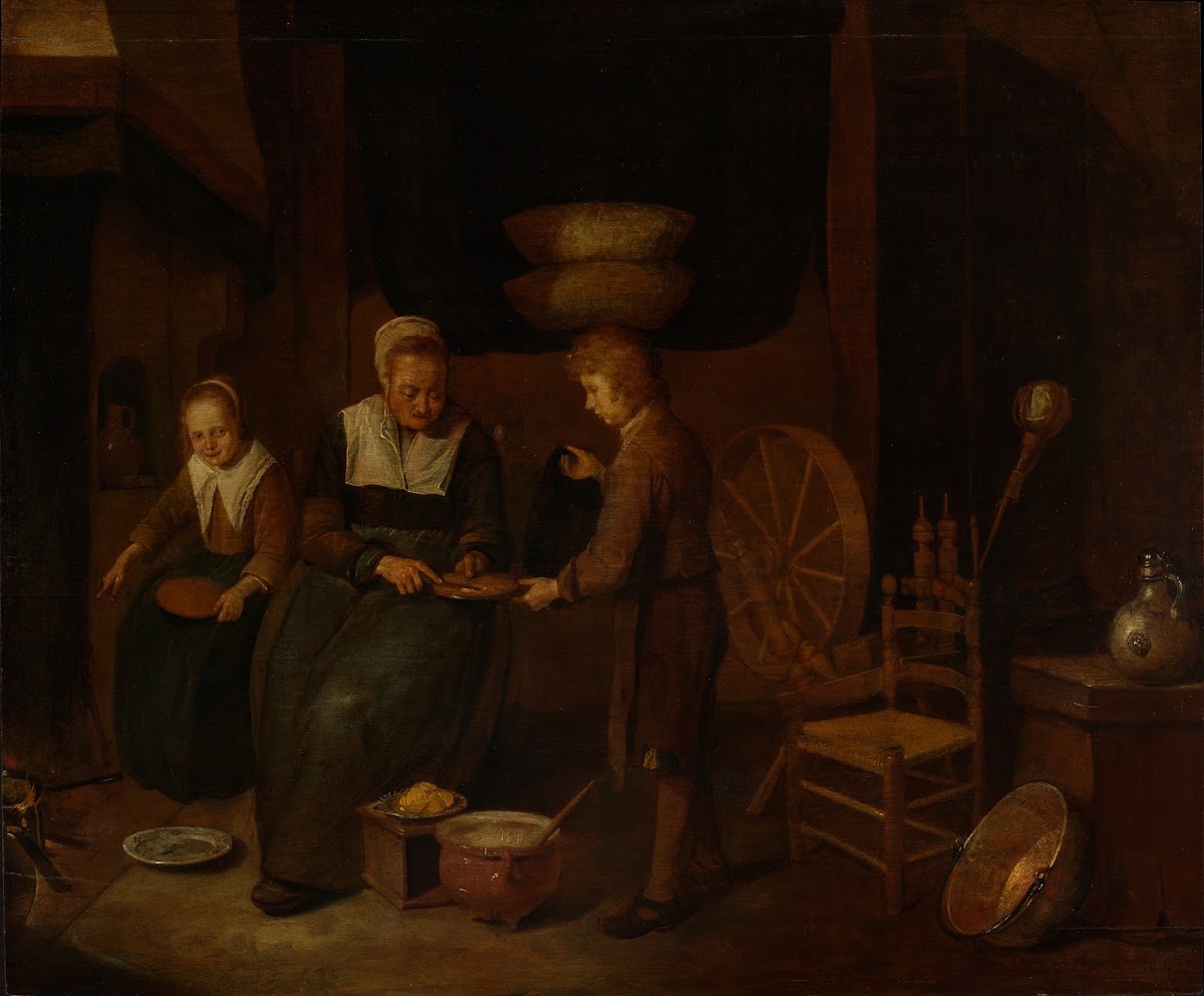 Old woman baking pancakes with two children ca 1660