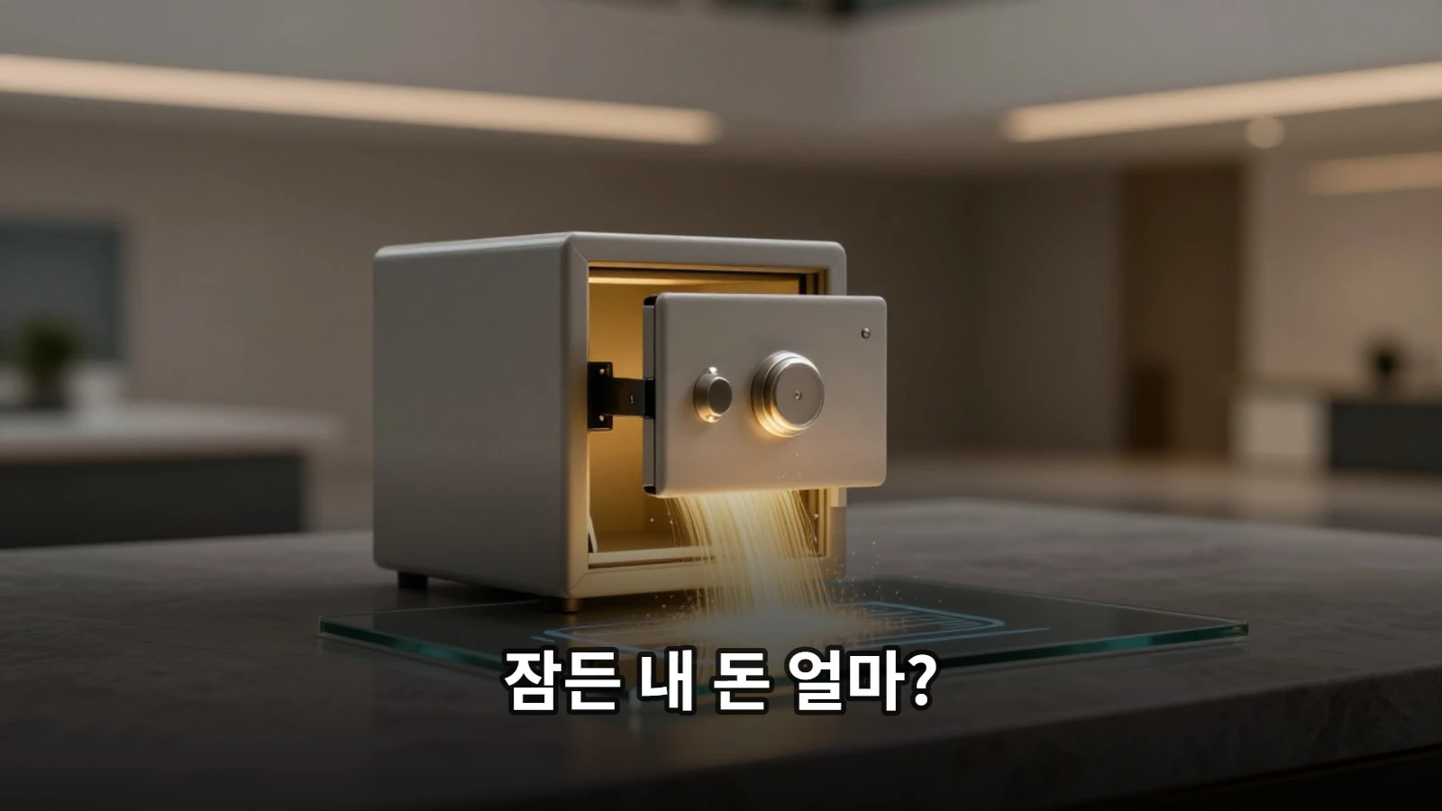 열린 안전금고에서 은은한 빛이 나오며 디지털 잔액으로 전환되는 모습을 표현한 개념 이미지