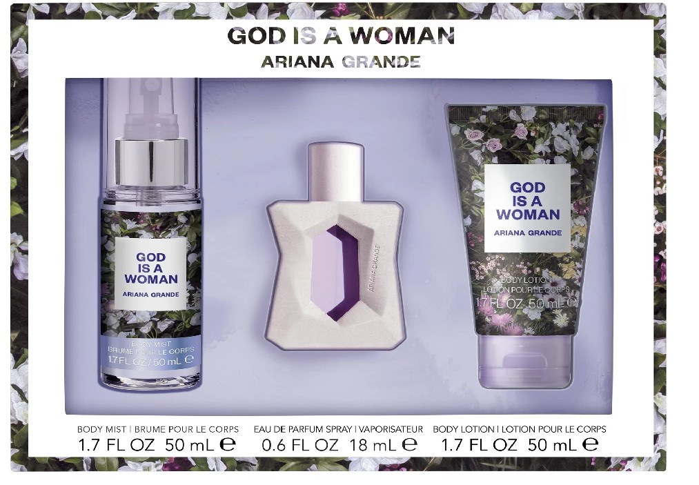 ESTUCHE ARIANA GRANDE GOD IS WOMAN MUJER 3PZS 100ML EDP + SPLASH + CREMA