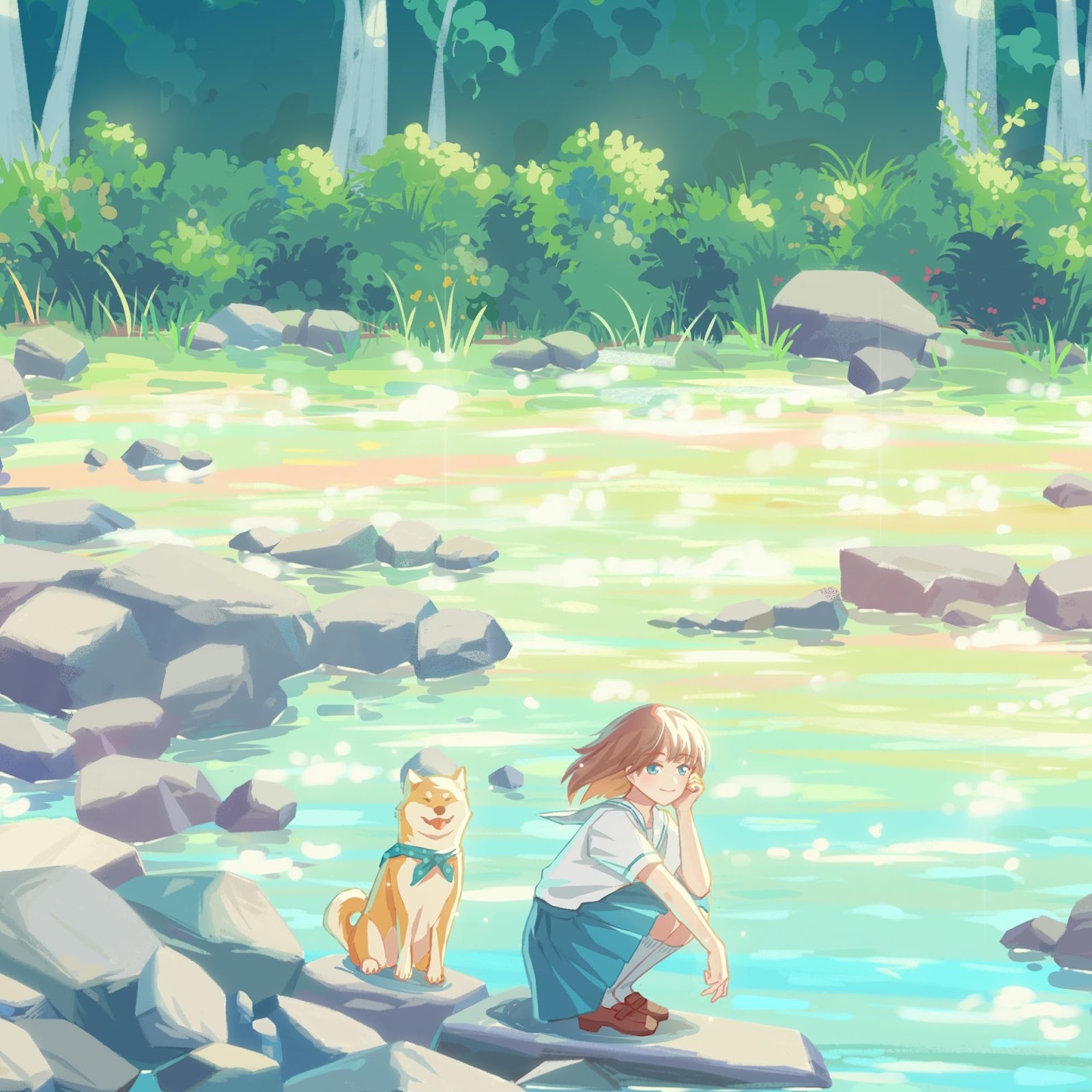 Download Girl and Dog by Sparkling River 2K iPhone