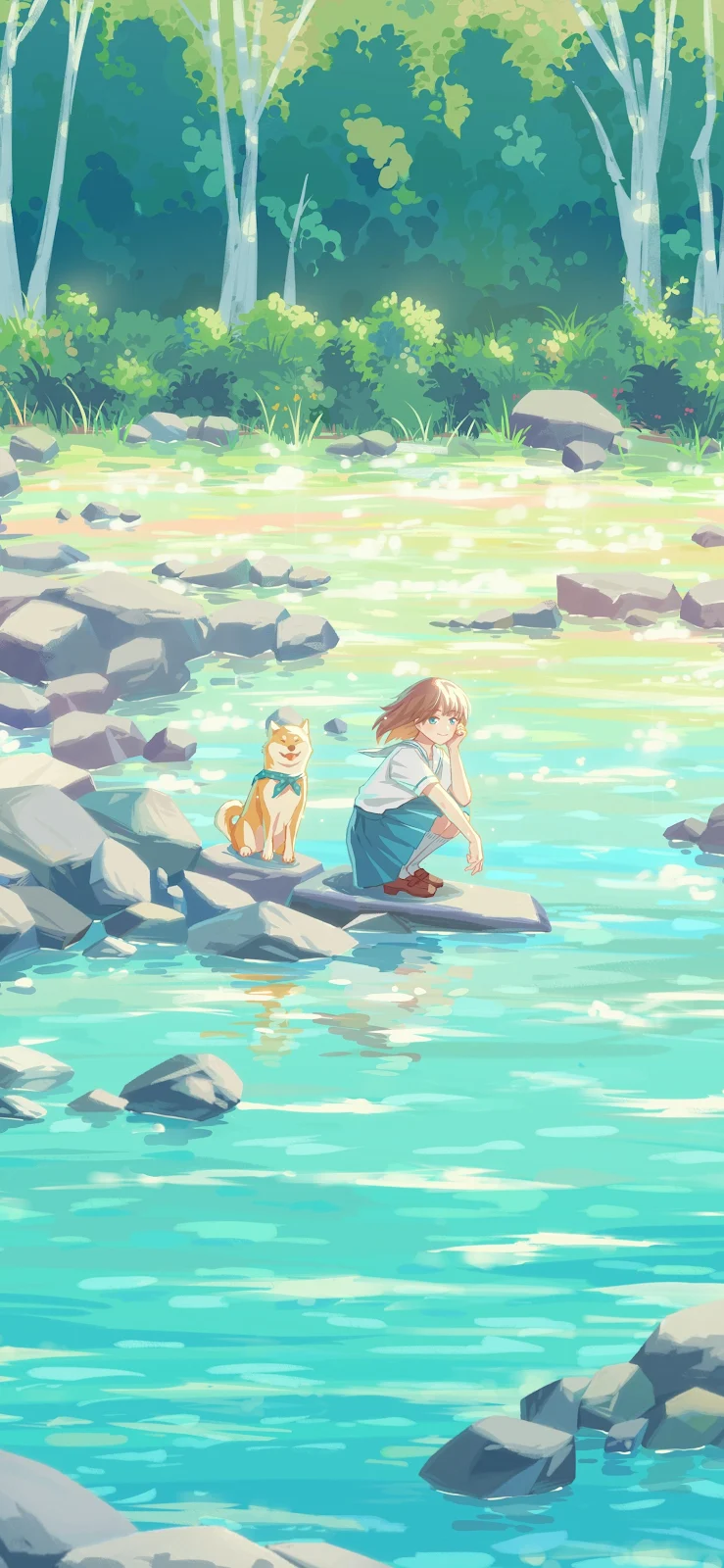 Girl and Dog by Sparkling River - Anime Illustration 2K iPhone Wallpaper (1955x4235)