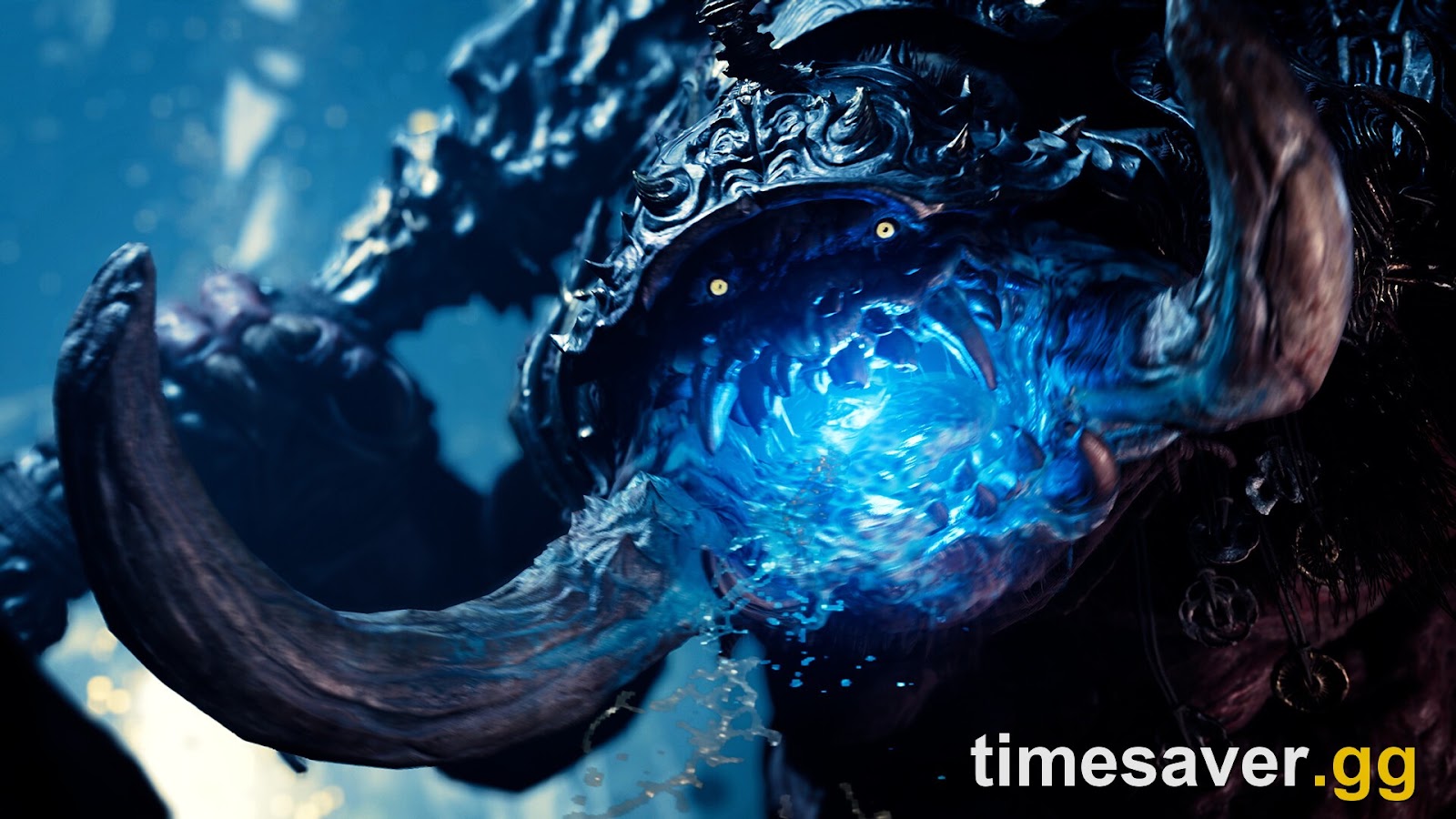 A Genma with glowing blue energy pouring from its maw — the kind of heavy lighting and VFX that ray tracing loads in Onimusha: Way of the Sword