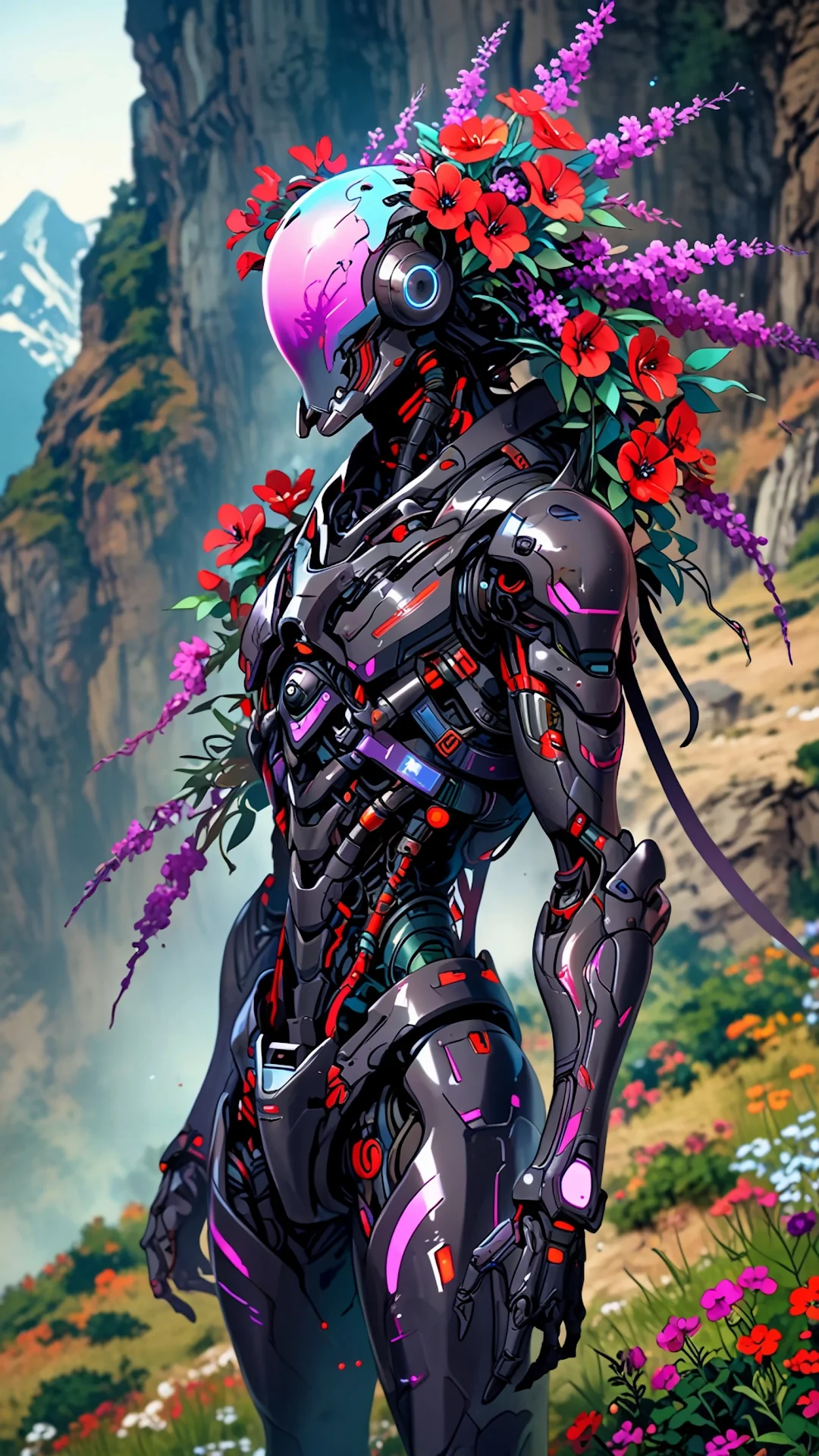 Floral Cyborg Standing in Mountainous Meadow - Free 4K mobile Wallpaper