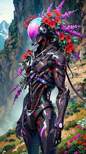 Floral Cyborg Standing in Mountainous Meadow
