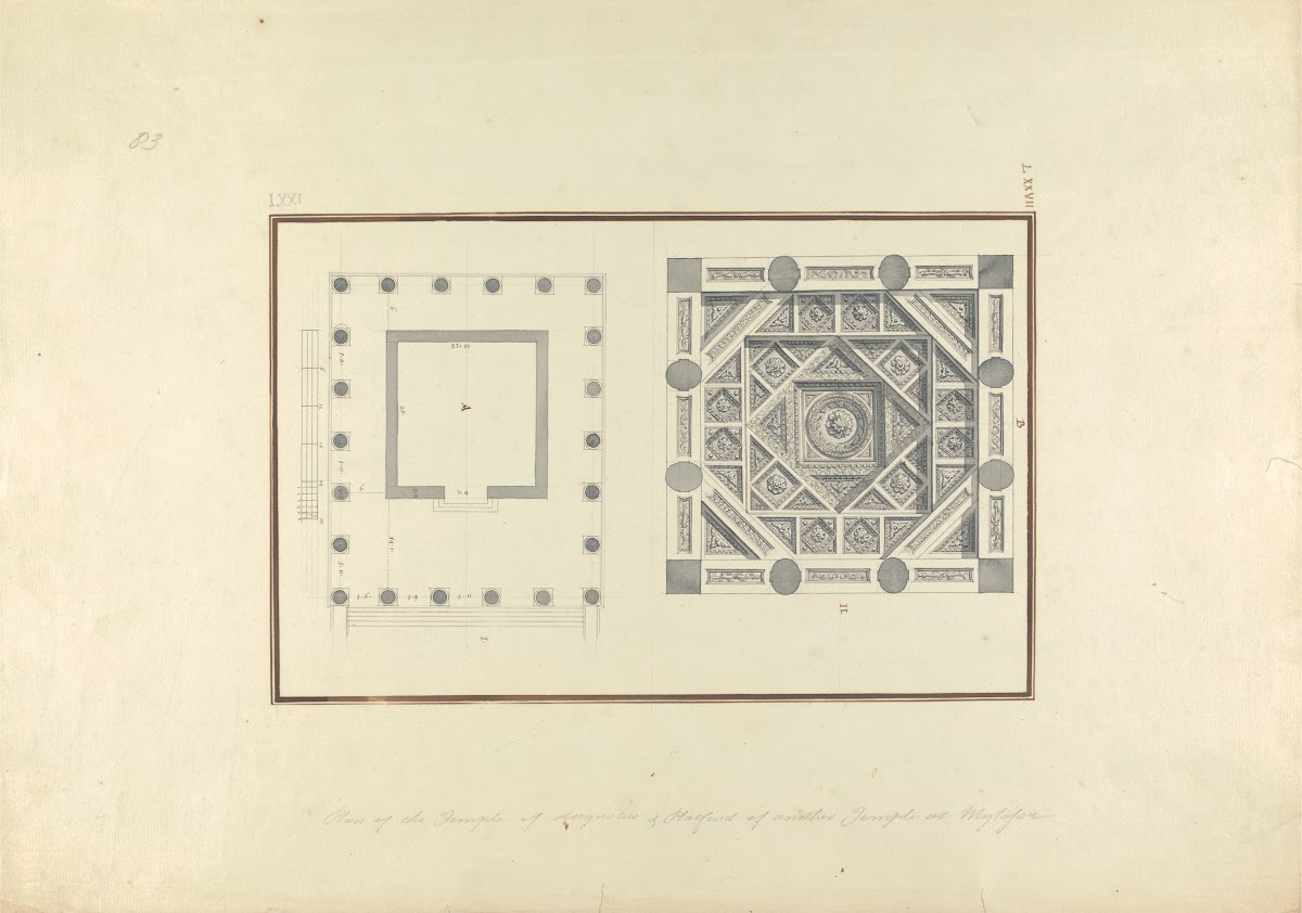 Plan of a Temple at Mylasa and Detail of a Coffered Ceiling from a Tomb ca 1750