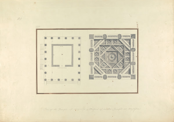 Plan of a Temple at Mylasa and Detail of a Coffered Ceiling from a Tomb ca 1750