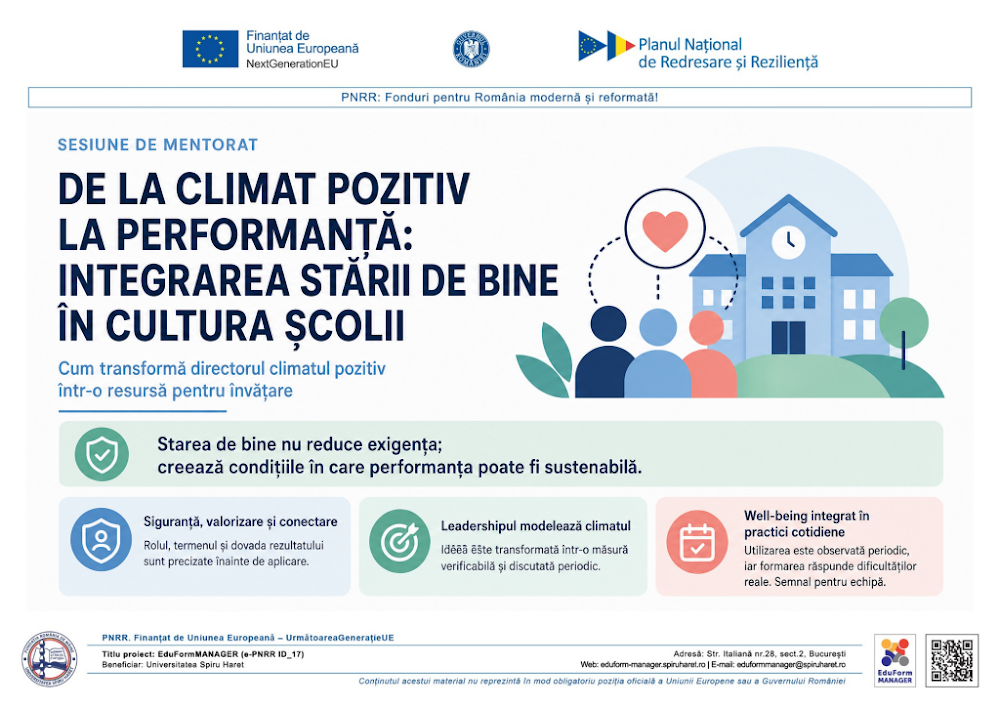 Coperta ghidului DE LA CLIMAT POZITIV LA PERFORMANȚĂ - INTEGRAREA STĂRII DE BINE ÎN CULTURA ȘCOLII