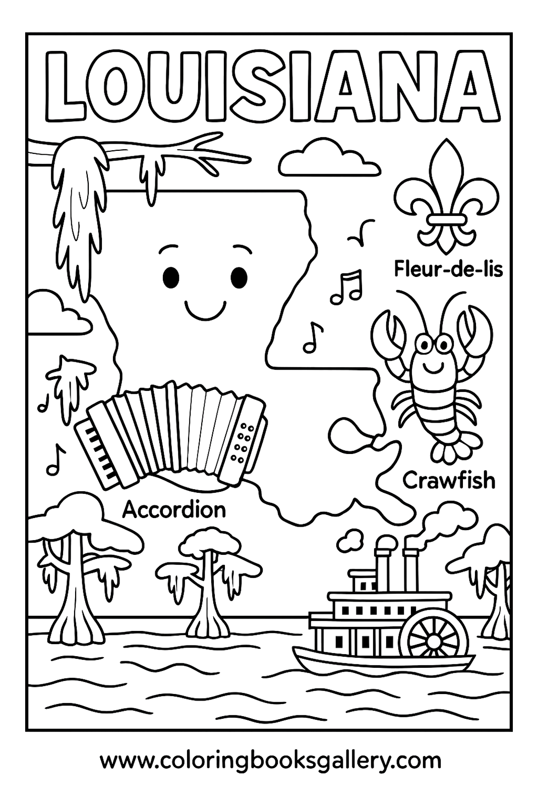 Louisiana Educational Coloring Page – Simple Educational Printable Line Art for Kids – printable coloring page